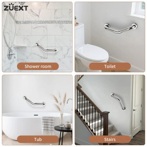 Rock Solid 16 Inch Angled Bathroom Shower Grab Bars Two Pack Heavy Duty Stainless Steel Wall Mount Safety Handrails in various settings.