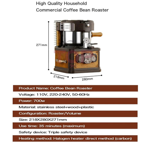 No Fuss Home Coffee Bean Roaster With Three Smart Modes And Eight Precise Heat Levels, 700W, stainless steel and wood, compact design.
