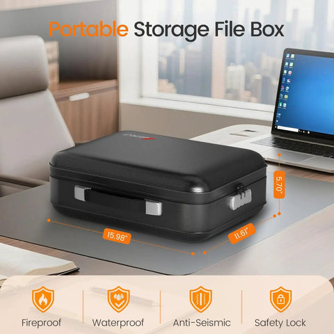 Fireproof Document Box With Lock For Your Important Papers Passport Certificates And Laptop, Tough 5200F Fire Resistance Water Resistant Hard Case File Organizer UL-94 VTM-0 Certified Black on desk with laptop
