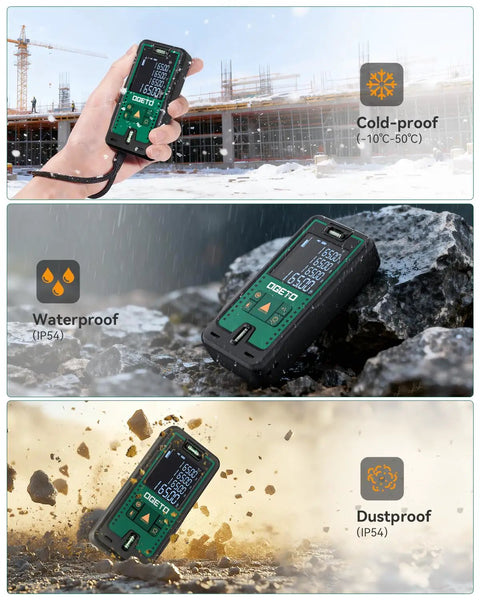 Ultra Precise Laser Distance Meter With 165 Feet Range in cold, wet, and dusty conditions demonstrating IP54 durability.