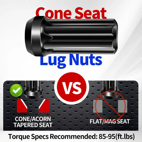24pc Dope Black Spline Lug Nuts Set 14X15 Pitch Universal Fitment For Any Ride showcasing cone seat design and torque specs.