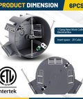 6 Pack Round Ceiling Electrical Boxes For DIY Pros, 20 Cu In PVC Junction Boxes With Grounding Lug And Screws, Great For Light Fixtures And Ceiling Fans, Ideal For New Work Installations, Gray showing 4in x 2-1/4in dimensions
