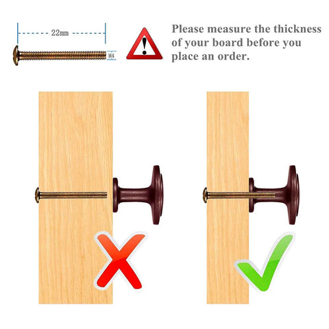 Installation guide showing correct and incorrect placement of Solid Build Knob Out Round Wood Cabinet Knobs And Drawer Pulls Set Of 15 Dark Red.