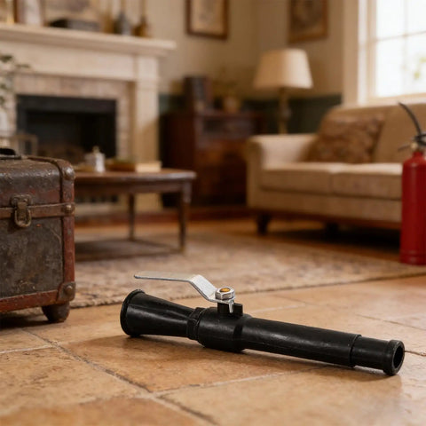 Top Shelf Fire Extinguisher Discharge Nozzle Hose With Instant Swap Spray Tip on tiled floor in a cozy room.