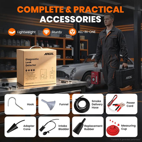 Ultimate Car Smoke Machine With Powerful Air Pump To Hunt Down Stubborn Evap And Vacuum Leaks In Intake Turbo Exhaust Systems Fast And Accurate Auto Repair Tool accessories displayed in a garage setting.