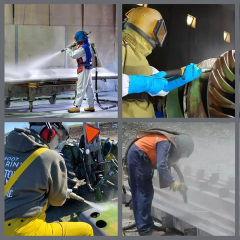 Workers using Pro Grade Sandblaster Helmet Filter With Replaceable Activated Carbon Breathing Air Filters for tough jobs.