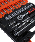 Heavy Duty 46 Piece Metric Socket Set With Heat Treated Steel And One Quarter Inch Drive In A Rugged Carry Case No Bull Garage Tool Kit Essentials in a black and orange case showing sockets and ratchet.