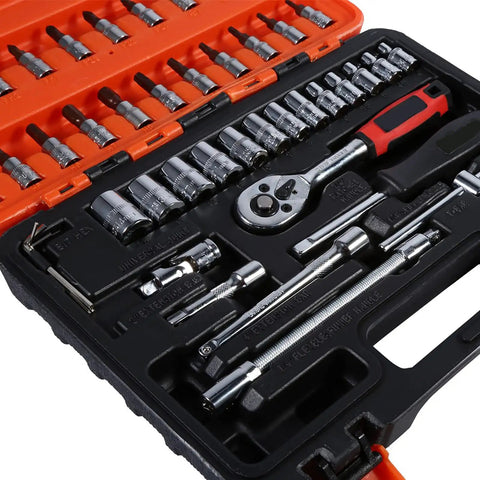 Heavy Duty 46 Piece Metric Socket Set With Heat Treated Steel And One Quarter Inch Drive In A Rugged Carry Case No Bull Garage Tool Kit Essentials in a black and orange case showing sockets and ratchet.