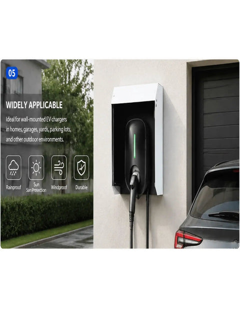 Beefed Up Wall Mounted EV Charger Weather Cover Rust Resistant Outdoor Armor For Home Plug In Station Rain Guard 80X70X25CM mounted on wall with EV charger.