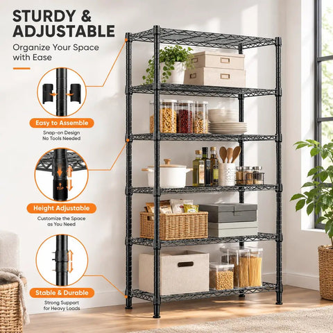 Heavy Duty Steel Wire Shelving Unit Black Metal Storage Rack Built Tough For Garage Warehouse Kitchen Pantry Office Laundry Room Multi Tier with adjustable tiers and storage items.