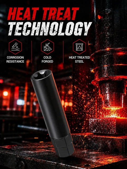 Heavy Duty 7 Spline Lug Nut Socket Key For Stripped Fastener Removal With 21Mm And 22Mm Hex Drive Compatibility and chrome plated on tool bench.