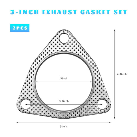 3 Inch 3 Bolt Exhaust Gasket Set Replacement Kit with graphite core, metal ring, 2 pieces for header and muffler.
