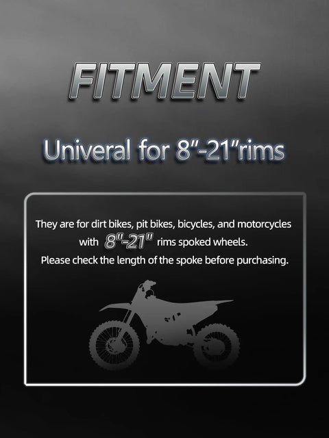 Fitment guide for Universal 72 Piece Spoke Covers Set For 8 To 21 Inch Rims Wheel Skins Wraps For Ebikes with motorcycle silhouette