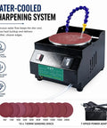 Heavy Duty Wet Dry Bench Sander And Electric Knife Sharpener With Water Cooling System features a water-cooled sharpening system and sanding discs.