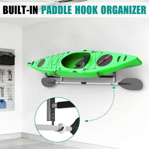 Built Like A Tank Wall Mount Kayak Storage Rack With Paddle Hooks holding a green kayak against a wall.
