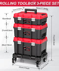 3 In 1 Rolling Tool Box On Wheels With Stackable Modular Organizer System 17 Inch Portable Waterproof Toolbox For Garage Mechanics And Home Repair Red Black Detachable Chassis