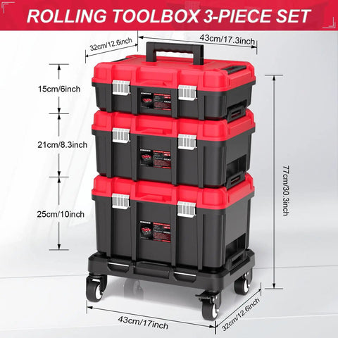 3 In 1 Rolling Tool Box On Wheels With Stackable Modular Organizer System 17 Inch Portable Waterproof Toolbox For Garage Mechanics And Home Repair Red Black Detachable Chassis
