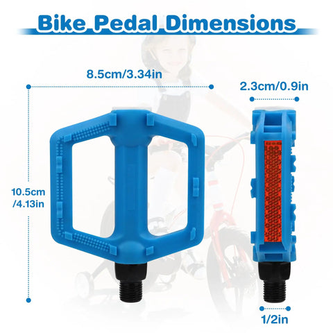 Kid Friendly 1/2 Inch Thread Universal Lightweight Non Slip Nylon Flat Pedals For Kids Bikes, Blue with Dimensions Display