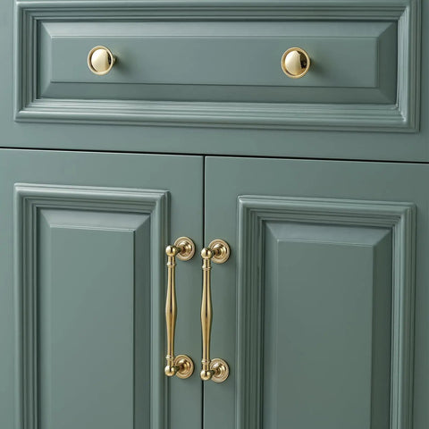 Premium Solid Brass Cabinet Pulls 5 Pack With 5 Inch Center Hole Gold Drawer Handles For Kitchen Cupboard Furniture And Bathroom Fixtures, elegant antique brass handles on teal cabinet.