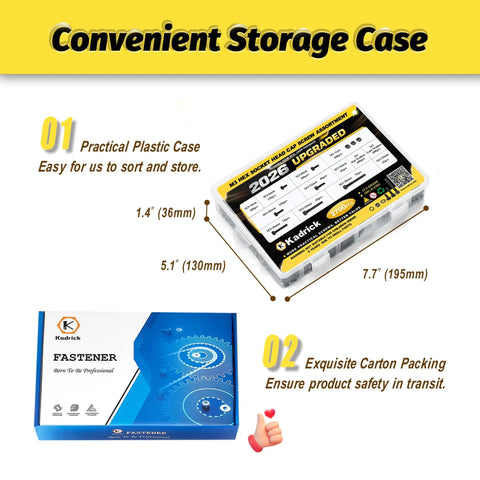 M3 Hex Socket Cap Screw Assortment Kit Black Nuts Flat Lock Washers And Hex Key Spanner shown in an organization case for storage.