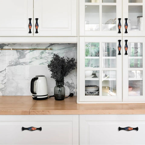 Kitchen with 4 Piece Kitchen Cabinet Knobs And Pulls Set With Dope American Flag Fireworks Independence Design on white cabinets and drawers