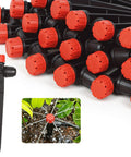 No-Fuss 1/4 Inch Drip Irrigation Emitters Set, 25 Pack With Lock Barbed Connectors showing adjustable water flow and anti-drop design