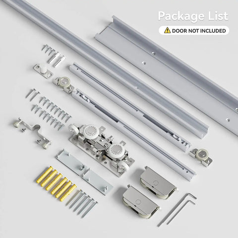 Solid As A Rock Concealed Sliding Barn Door Hardware Kit with components, including aluminum track, rails and accessories.