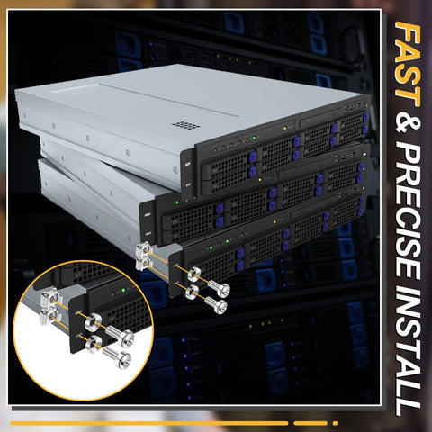 Top Notch M6 By 20mm Rack Mount Cage Nuts Screws And Washers Bundle For Server Cabinets Heavy Duty Fastener Kit installed on server rack.