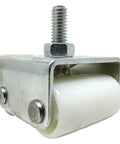7/8-Inch Threaded Stem Appliance Caster Set With Dual Wheels White 4-Pack Low Profile 1-1/2-Inch Wide Twin Wheels Jam Nuts For Easy Alignment And Height Adjustment To Replace Refrigerator And Freezer Factory Wheels, close-up view of white dual wheel caster with threaded stem and jam nut.