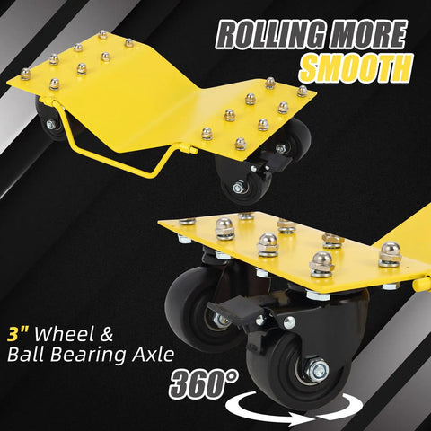 Rock Solid Car Wheel Dollies Set Of 4 With Built In Security Locks And Massive 8000 Lbs Capacity To Make Hauling Vehicles A Breeze Featuring Wide 12 Inch Tire Fitment Plus Anti Skid Grooved Surfaces, yellow dolly with 3 inch wheels and ball bearing axle.