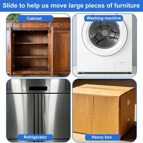 Heavy Duty Appliance Sliders With Pull Straps For Moving Fridges And Washers, shown with a cabinet, washing machine, refrigerator, and heavy box.