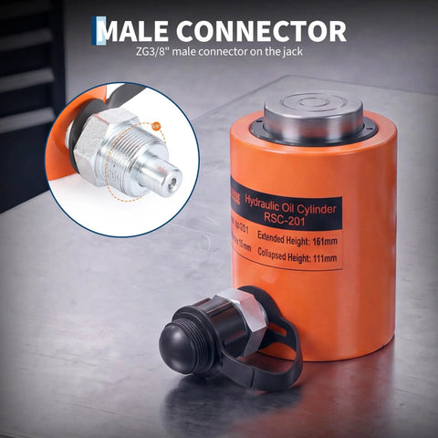 Top Shelf 20 Ton Hydraulic Cylinder Jack For Beefy Industrial Lifting And Pushing Orange Steel Body showing ZG3/8" male connector.