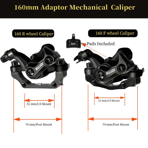 Front and rear mechanical calipers with 160mm adaptor; features mounts and includes pads for bike disc brake kit.