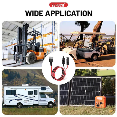Built Tough 50A Solar Panel Connector With 10AWG Tinned Copper Extension Cable For Solar Generators Inverters And Battery Pack Chargers Five Foot Cord Length in various applications like RVs and golf carts.