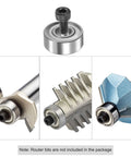 Rock Solid Chrome Steel Top Mounted Router Bit Bearings 12 Piece Kit 3/16 Inch Inner Diameter with screw and router bit details.