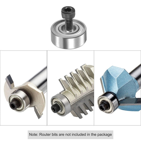 Rock Solid Chrome Steel Top Mounted Router Bit Bearings 12 Piece Kit 3/16 Inch Inner Diameter with screw and router bit details.