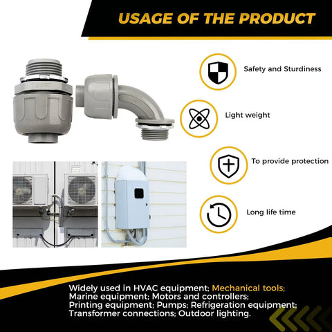 Image showing Three Quarter Inch Heavy Duty Liquid Tight PVC Conduit Connector Set Non Metallic NPT Fittings Includes Straight And 90 Degree Angles Nylon 6 UL Listed Grey 20 Pack with safety features displayed.