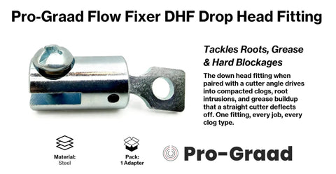 Heavy Duty Down Head Fitting For Drain Snake Fits 5/16 And 3/8 Inch Cable Slick Slotted Converter angled view showing steel design for plumbing use.