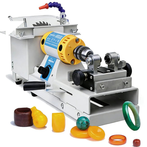 Beast Mode Flexible Shaft Bench Grinder Polishing Drill For Jade Wood Jewelry Crafting With Hustle Ready Aluminum Rod in action with various crafted stones.