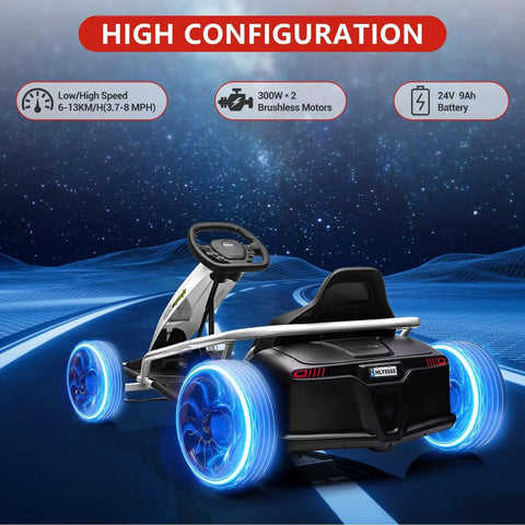 Rear view of 24V Kids Electric Go Kart With Dual 250W Motors And 9Ah Battery, 8 MPH Drifting Ride On Toy with glowing wheels