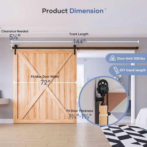 12 Foot Sliding Barn Door Hardware Track Kit With J Pulleys And Heavy Duty Ball Rollers dimensions showing 72" max door width.