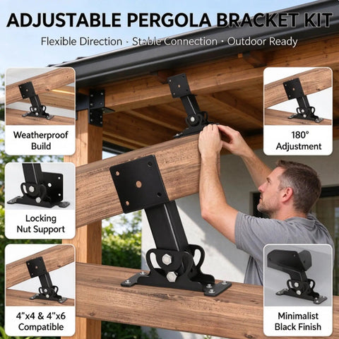 Adjustable Angle Pergola Roof Riser Brackets Heavy Duty Weatherproof Patio Awning Support Kit 180 Degree Rotation in use.