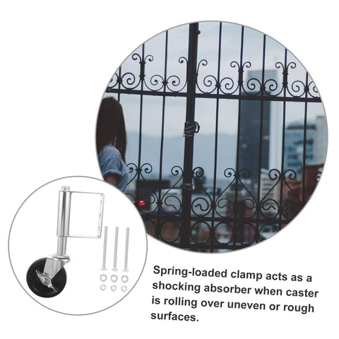 Heavy Duty Spring Loaded Gate Caster 75Kg Cold Rolled Steel Wheel mounted on a fence with spring-loaded clamp for uneven surfaces.