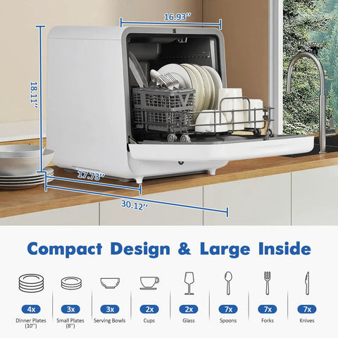 No Sweat Setup Portable Countertop Dishwasher With Five Liter Tank shows designed for compact spaces with dishes and utensils inside.