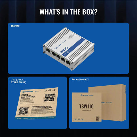 TSW100 Industrial PoE Plus Unmanaged Ethernet Switch with 5 Gigabit Ports, packaging, and quick start guide.