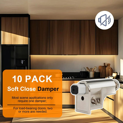 10 Pack Heavy Duty Soft Close Cabinet Hinges With Strong Grip Adhesive Tape Adjustable Slow Close Door Dampers For Kitchen Cupboards view with damper and modern kitchen background.