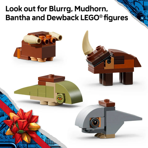 Holiday Lego Star Wars Advent Calendar 2026 Packed With Surprise Buildable Minifigures Behind Every Door Featuring iconic LEGO figures of Blurrg, Mudhorn, Bantha, and Dewback.