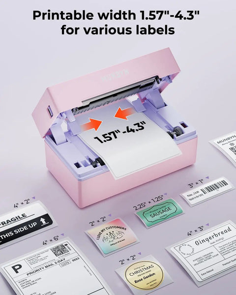 Bluetooth Thermal Label Printer 4x6 Shipping For Small Business And Home Office Fast Wireless Label Printer Up To 72 Labels Per Minute Inkless Cost Saving Works With iPhone Android iPad Windows macOS Chrome Etsy eBay in pink color with open lid showing label options from 1.57 to 4.3 inches.
