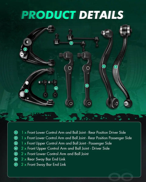 Zero Play 10 Piece Front Suspension Fix Kit With Lower And Upper Control Arms Plus Sway Bar Links For Ford Fusion Lincoln Mkz And Mercury Milan Fwd 2010 To 2012 detailed parts overview.