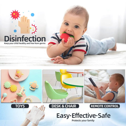 Infant playing, toys on floor, disinfection benefits, and Grab-and-Go Multi-Purpose Nonwoven Cleaning Wipes large pre-saturated.